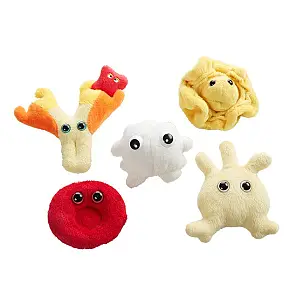 Caixa com mini peluches de células do sangue