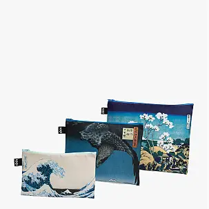 Conjunto de três sacos de pano com obras de arte estampadas